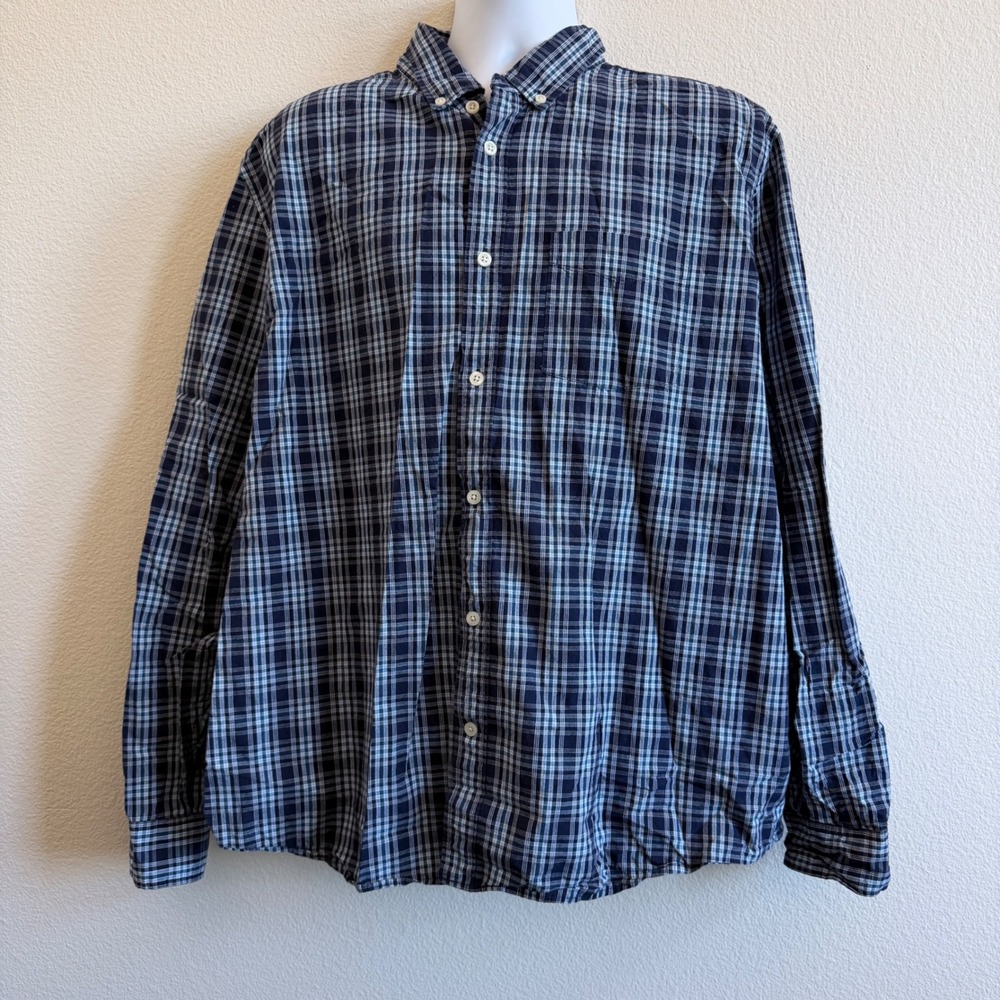 Gap Mens XXL Untucked Plaid Button Down Shirt Navy Blue Long Sleeve Cotton